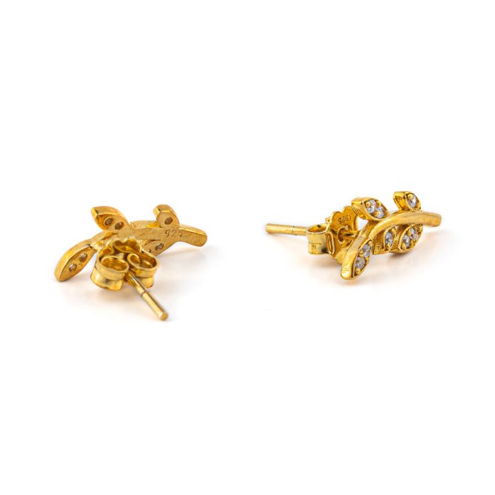 Leaf Earrings with Zircon – 14K Solid Yellow Gold - Image 2