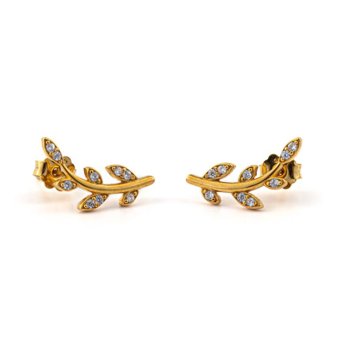 Olive Leaf Zircon Earrings – 14K Solid Yellow Gold - Image 1