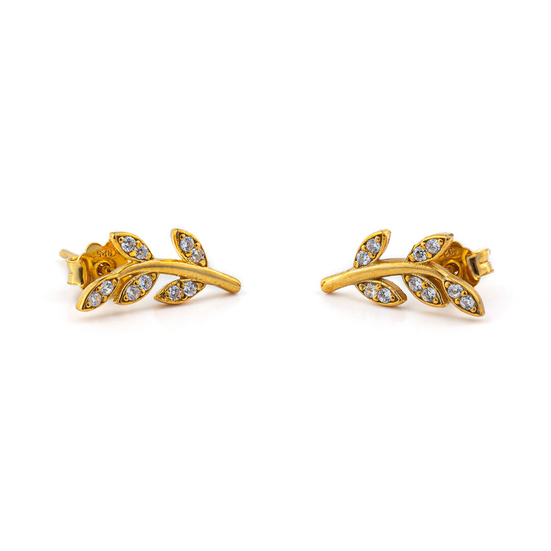 KS-Ε-E-1-6 Leaf Zircon Earrings – 14K Solid Yellow Gold - Image 1