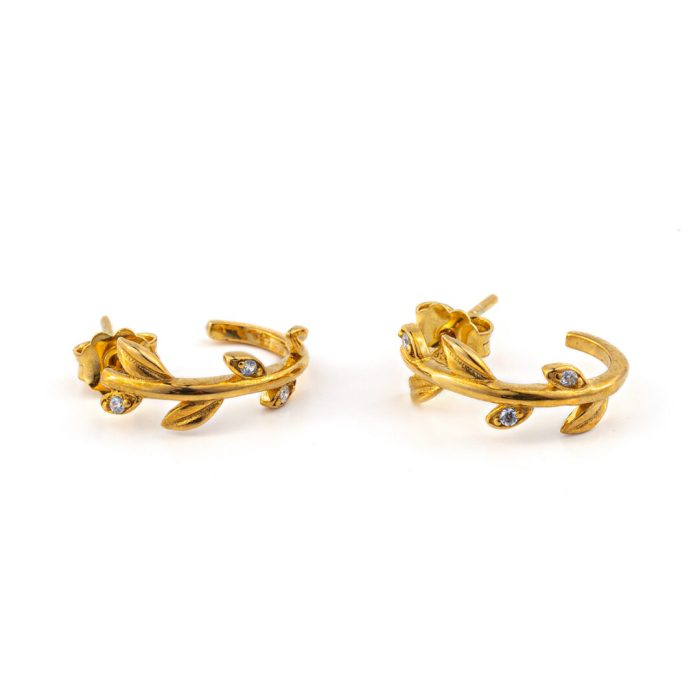 Olive Leaves Earrings with Zircon – 14K Solid Yellow Gold - Image 1