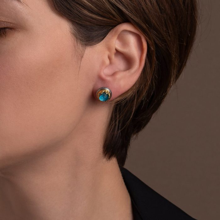 Byzantine Stud Earrings with Apatite Doublet Gemstone - Image 2