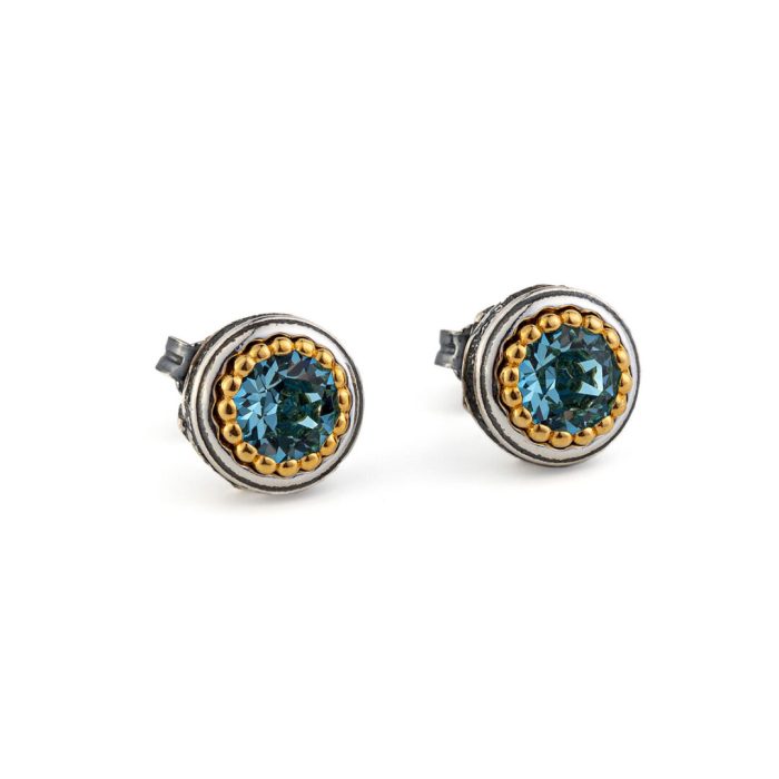 Byzantine Stud Earrings with Aquamarine - Sterling Silver 925 Gold Plated - Image 1