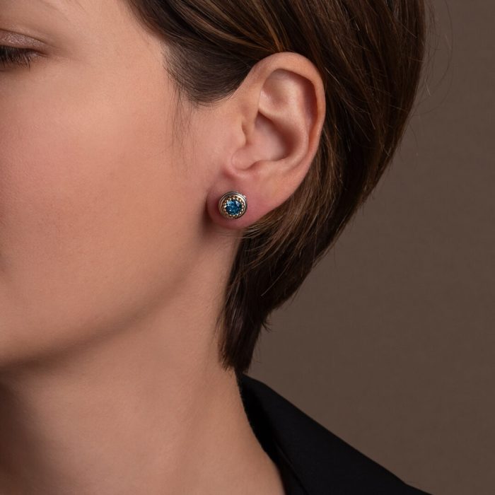 Byzantine Stud Earrings with Aquamarine - Sterling Silver 925 Gold Plated - Image 2