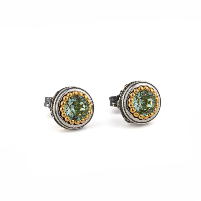 Byzantine Stud Earrings with Chrysolite - Sterling Silver 925 Gold Plated - Image 1