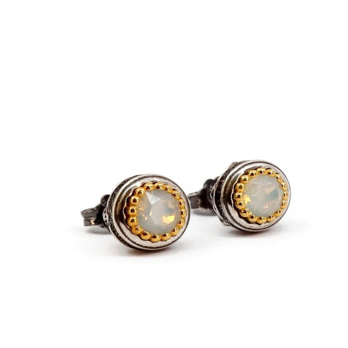 Byzantine Stud Earrings with White Opal Swarovski - Sterling Silver 925 Gold Plated - Image 1