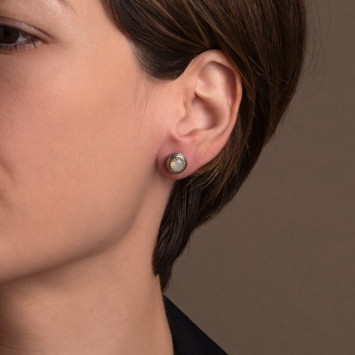 Byzantine Stud Earrings with White Opal Swarovski - Sterling Silver 925 Gold Plated - Image 2