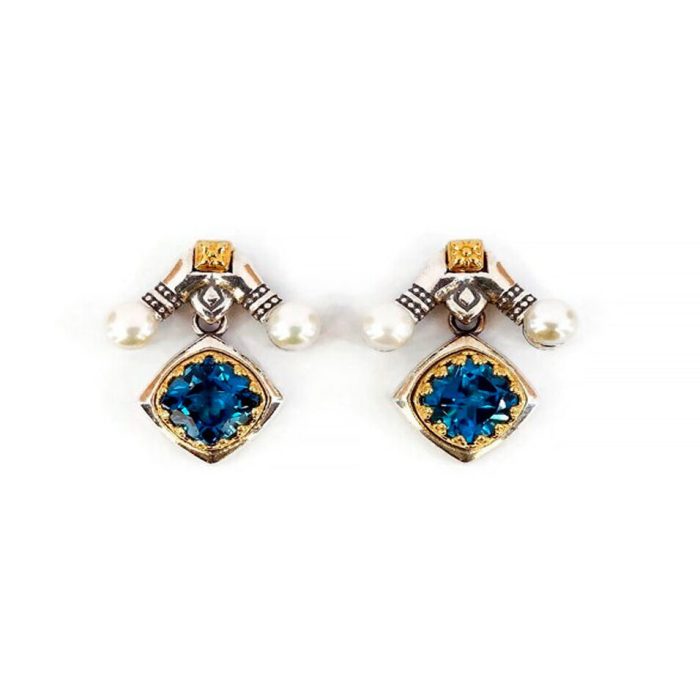 Byzantine Dangle Earrings with Natural London Blue Topaz - Sterling Silver 925 Gold Plated - Image 1
