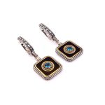 Byzantine Earrings with Natural London Blue Topaz and Black Enamel - Sterling Silver 925 Gold Plated