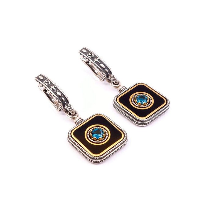Byzantine Earrings with Natural London Blue Topaz and Black Enamel - Sterling Silver 925 Gold Plated - Image 1