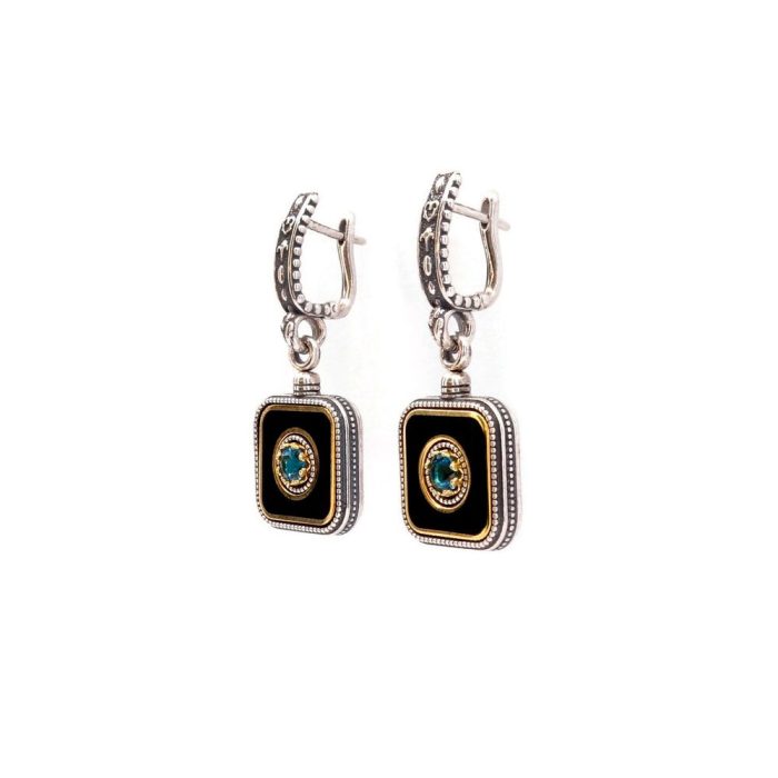 Byzantine Earrings with Natural London Blue Topaz and Black Enamel - Sterling Silver 925 Gold Plated - Image 2
