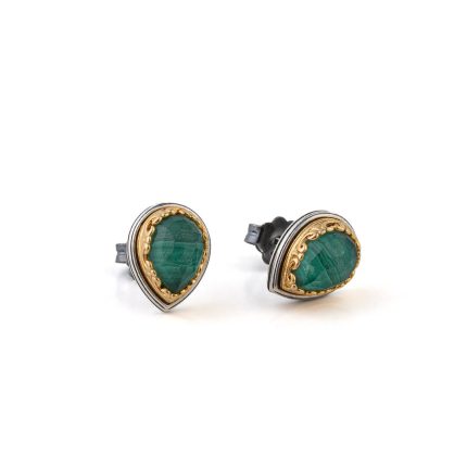 Byzantine Teardrop Stud Earrings with Malachite Doublet Gemstone