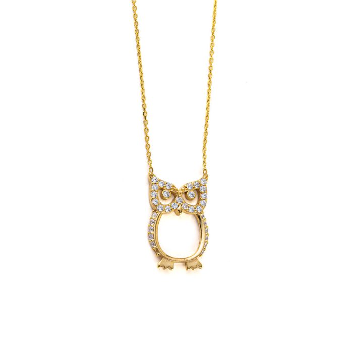 Owl Necklace with White Zircon - 925 Sterling Silver Gold Plated - Image 1