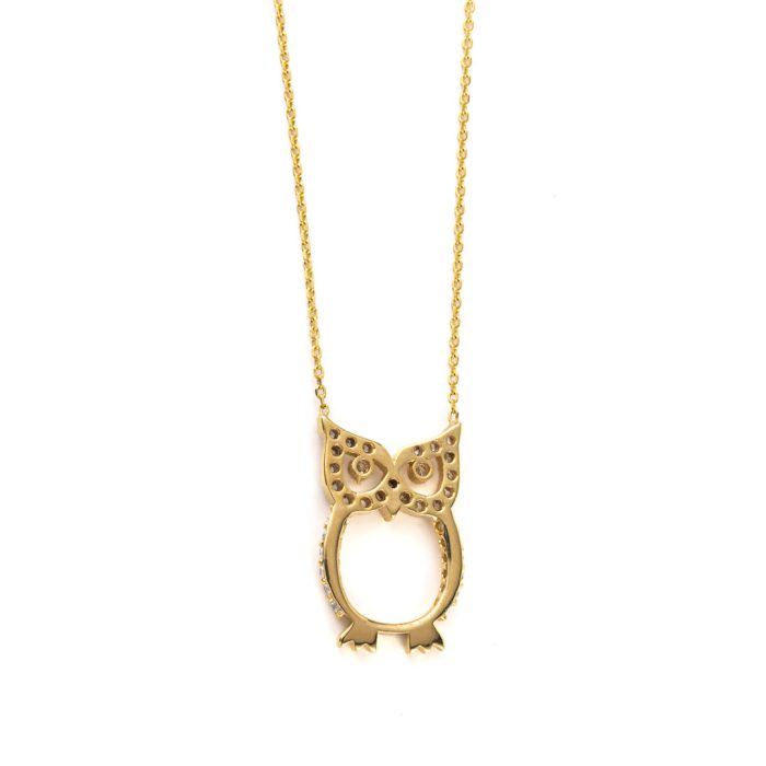 Owl Necklace with White Zircon - 925 Sterling Silver Gold Plated - Image 2