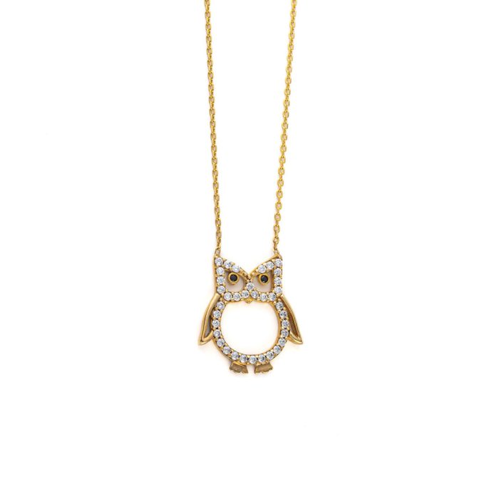 Owl Necklace with White Zircon - 925 Sterling Silver and Gold Plated - Image 1