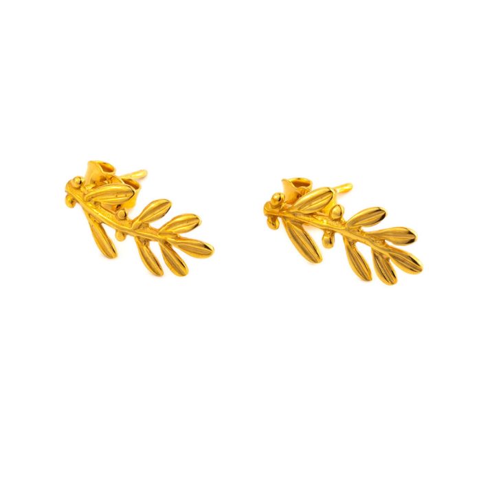 Olive Leaf Long Stud Earrings - Sterling Silver and Gold Plated - Image 1