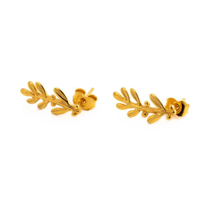 Olive Leaf Long Stud Earrings - Sterling Silver and Gold Plated - Image 2