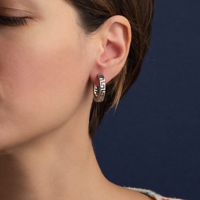 Greek Key - Hoop Earrings in Sterling Silver - Image 2
