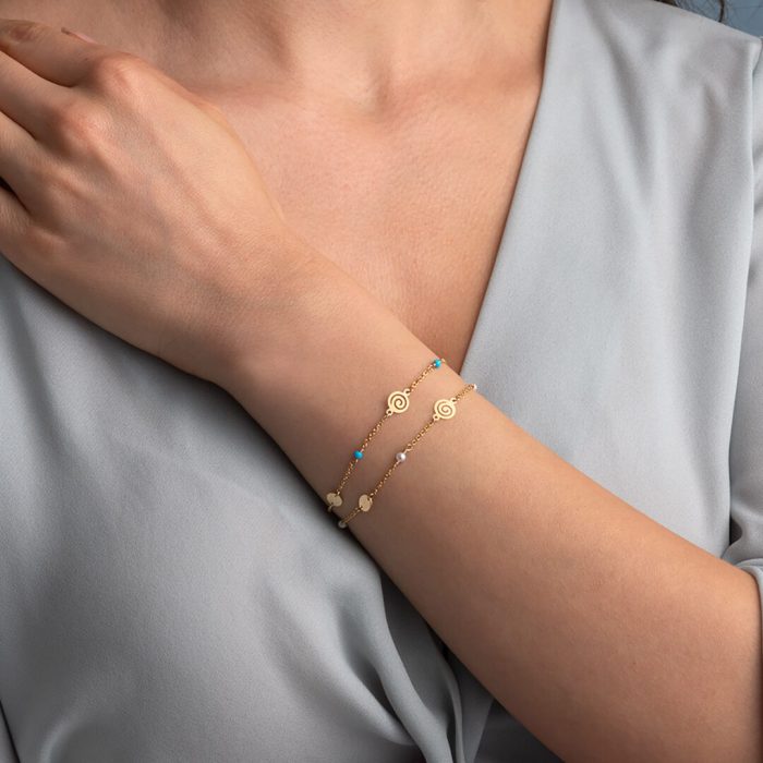 Spiral Gold Chain Bracelet with Beads - 14k Gold - Image 2