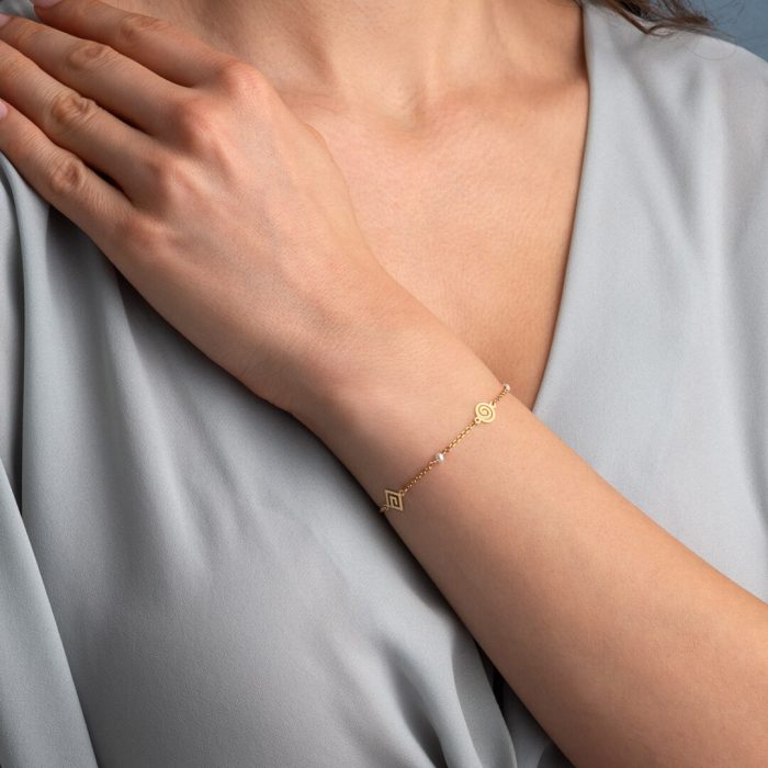 Spiral and Greek Key Gold Bracelet with Pearls - 14k Gold - Image 2
