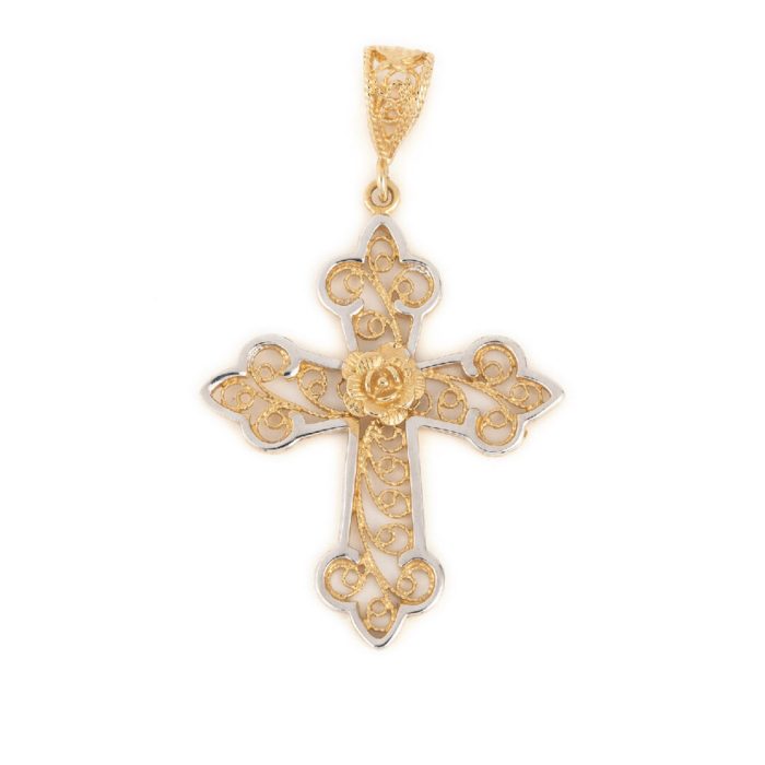 Byzantine Cross in 14K Gold with Rose - Image 1