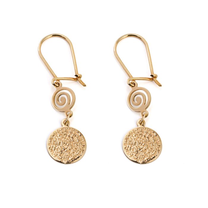 Spiral Phaistos Disc Dangle Earrings – 14K Solid Yellow Gold - Image 1