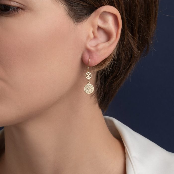 Spiral Phaistos Disc Dangle Earrings – 14K Solid Yellow Gold - Image 2