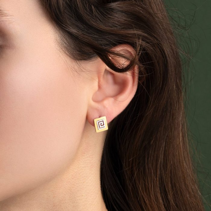 Greek Key Stud Gold Earrings - 14k - Image 2