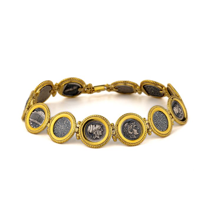 Ancient Greek Coins Link Bracelet – 925 Sterling Silver and Gold Plated - Image 1