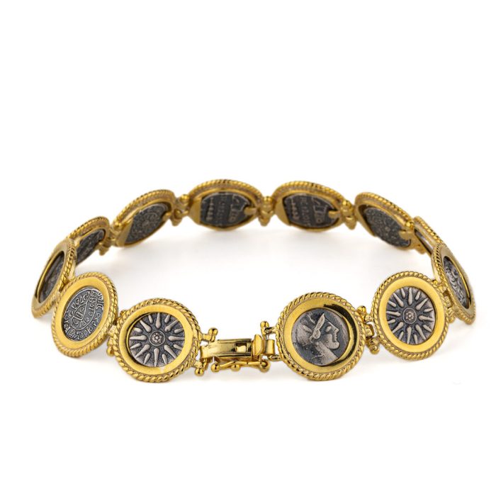 Ancient Greek Coins Link Bracelet – 925 Sterling Silver and Gold Plated - Image 2