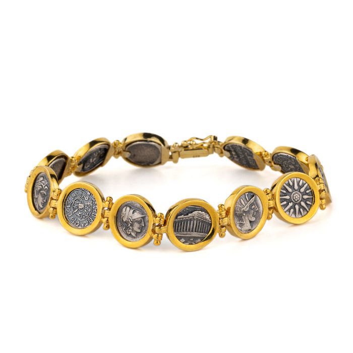 Ancient Greek Coins Link Bracelet – 925 Sterling Silver and Gold Plated - Image 1
