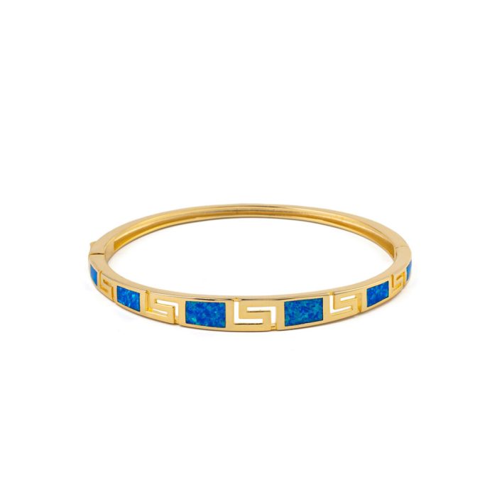 Greek Key Opal Bangle Bracelet – 925 Sterling Silver and Gold Plated - Image 1