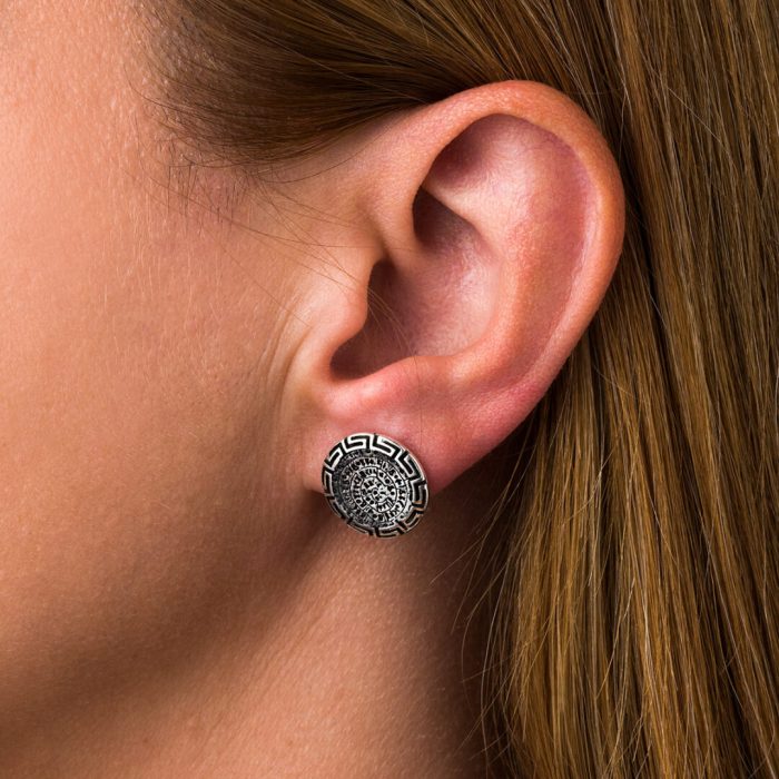 Phaistos Disc Stud Earrings with Meander - 925 Sterling Silver - Image 2
