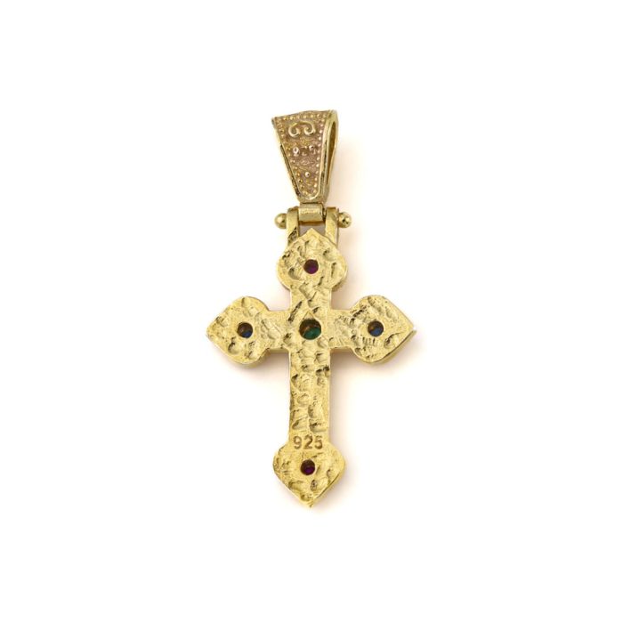 Byzantine Cross with Colorful Stones - 925 Sterling Silver Gold Plated - Image 3