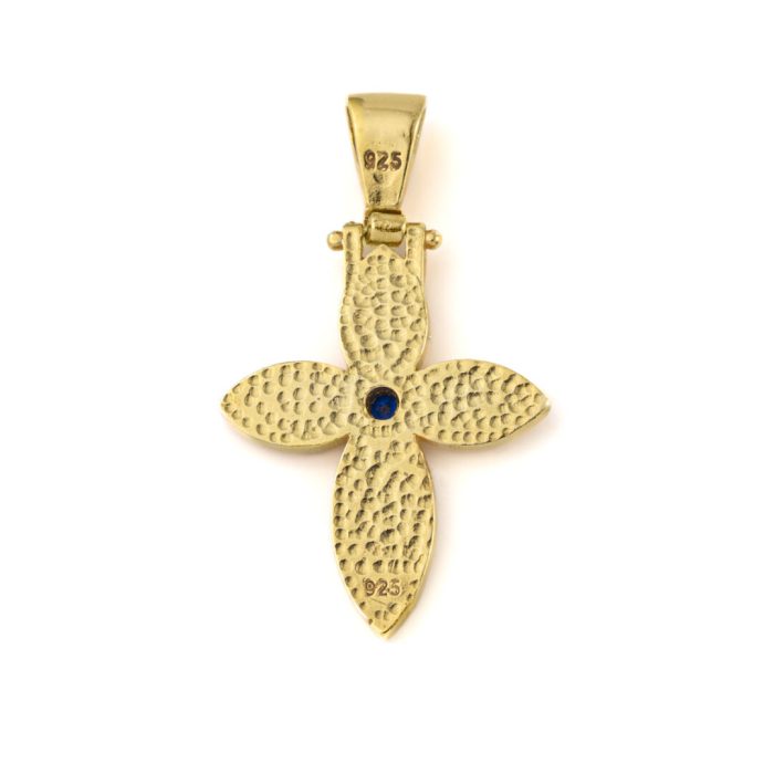 Byzantine Cross with Blue Stone - 925 Sterling Silver Gold Plated - Image 2