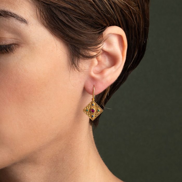 Rhombus Byzantine Earrings with Zircon - Sterling Silver and Gold Plated - Image 2