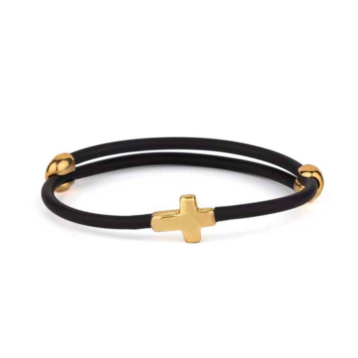 Cross Black Caoutchouc Bracelet  – 925 Sterling Silver and Gold Plated - Image 1