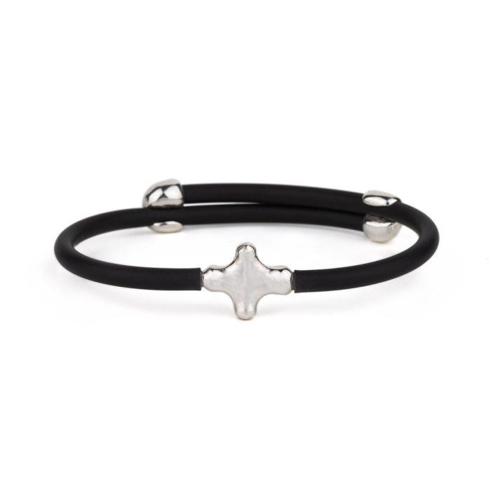Cross Black Caoutchouc Bracelet  – 925 Sterling Silver - Image 1