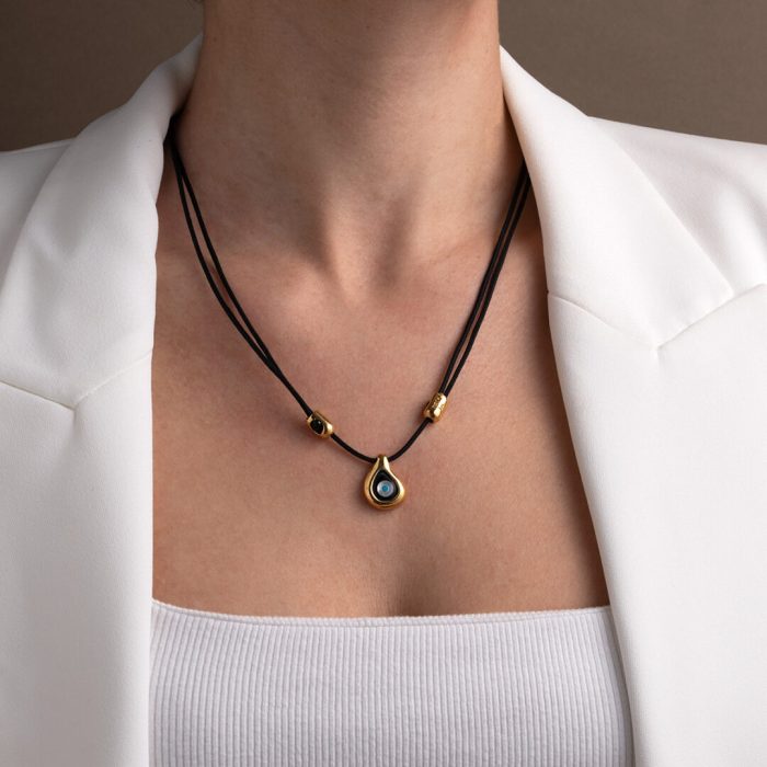 Black Cord Mati Necklace – Sterling Silver and Gold plated - Image 2