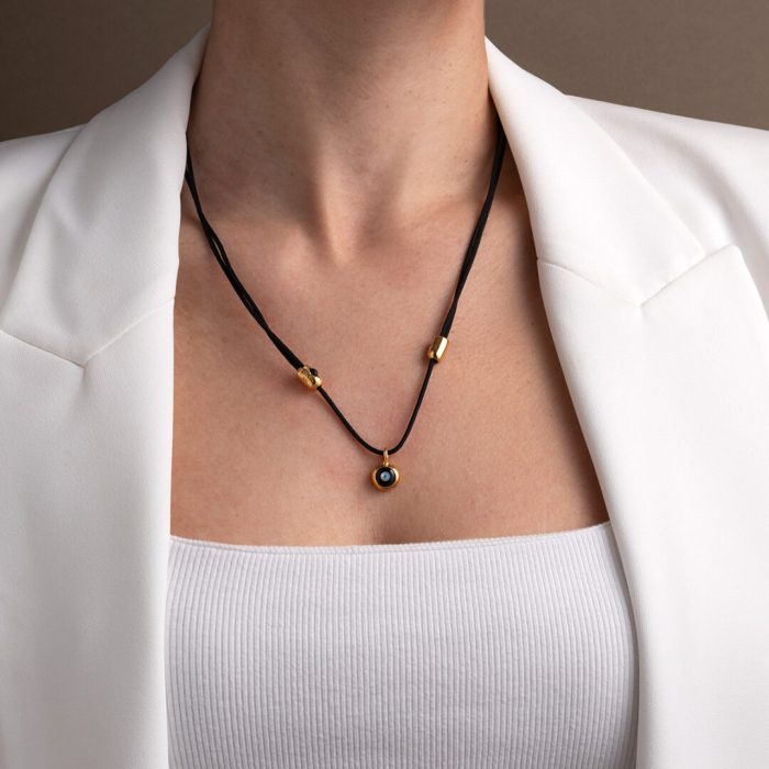 Black Cord Mataki Necklace – Sterling Silver and Gold plated - Image 2
