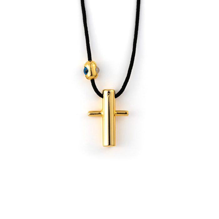 Black Cord Necklace - Sterling Silver Gold Plated Cross Evil Eye - Image 1