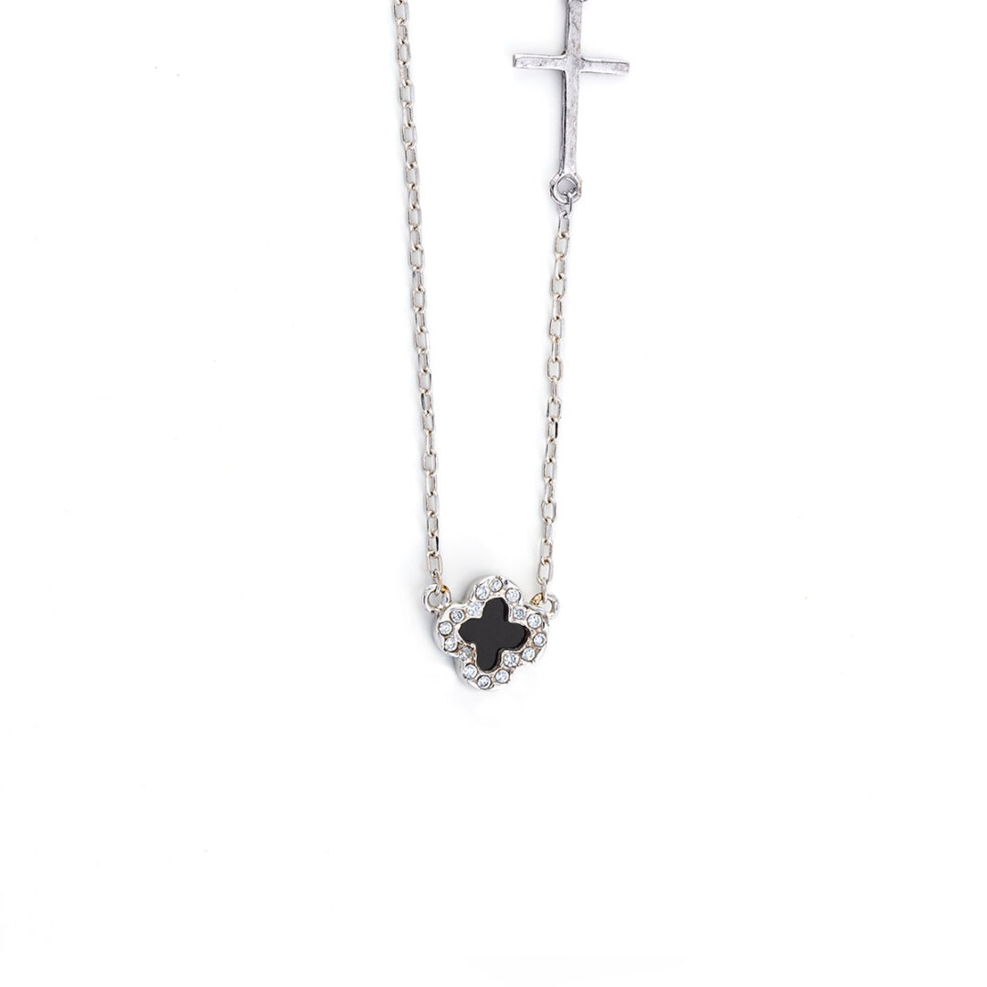 N-02486045 Κολιέ Σταυρος Μαύρος Όνυχας με Άσπρα Ζιργκόν - Χρυσό 14K - Image 1