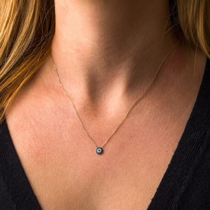 Eye Necklace with White and Blue Zircons - 9K Yellow Gold - Image 2