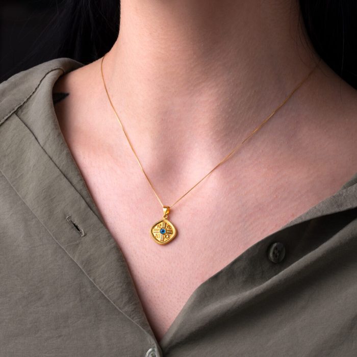 Konstantinato Rhombus Pendant with Evil Eye – 9K Gold - Image 2