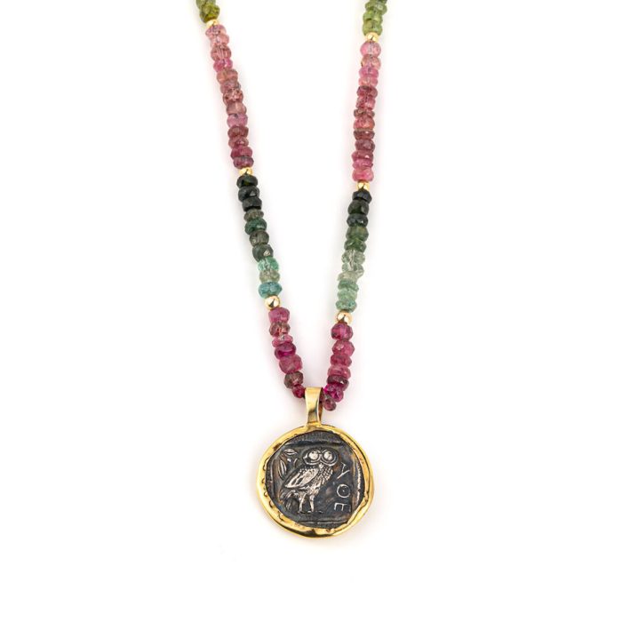 Athena Goddess Necklace - 14 K Gold and Sterling Silver with Tourmalines - Image 2