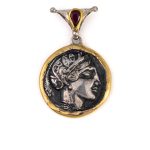 Greek Goddess Athena Pendant with Ruby - 14K Gold and Sterling Silver
