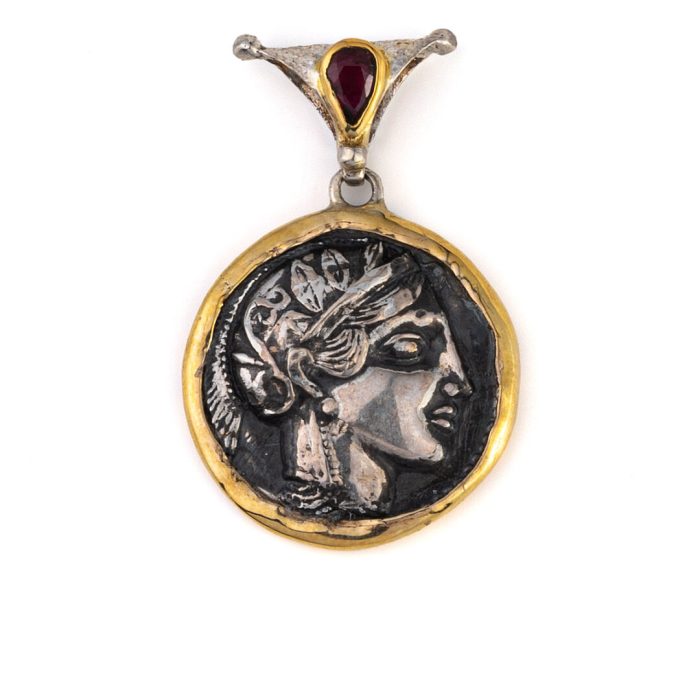 Greek Goddess Athena Pendant with Ruby - 14K Gold and Sterling Silver - Image 1