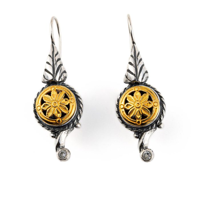 Vintage Engraved Flower Drop Earrings - silver and gold plated - Image 1