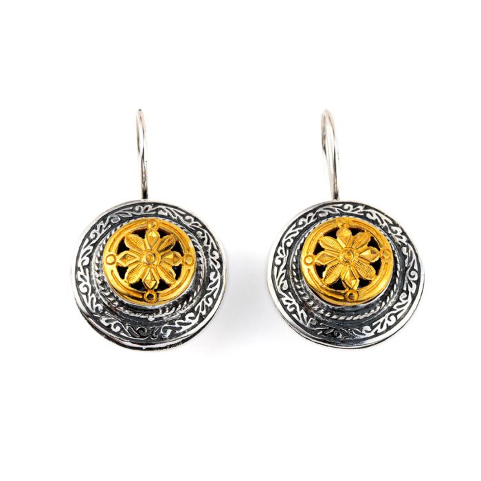 Vintage Engraved Flower Earrings - silver and gold plated - Image 1