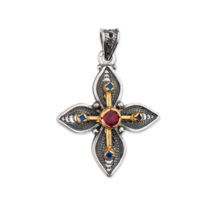 Oxidized & Gold Plated Cross Pendant – 925 Silver with Multicolor Zircons - Image 1