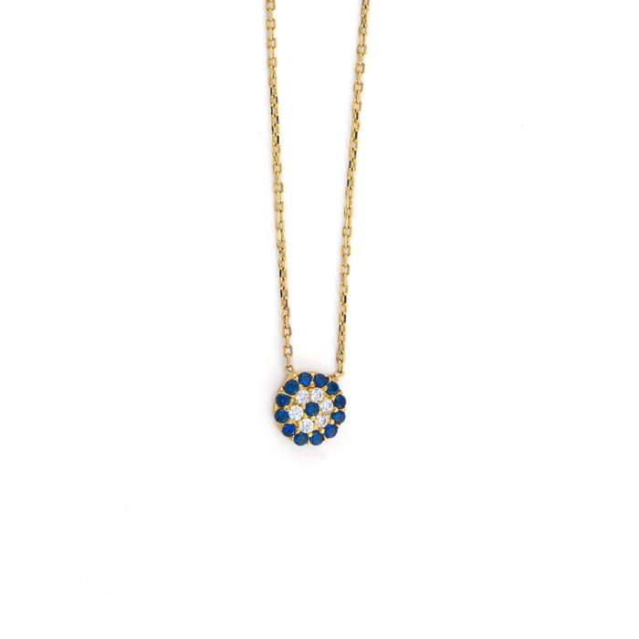 Eye Necklace with White and Blue Zircons - 9K Yellow Gold - Image 1